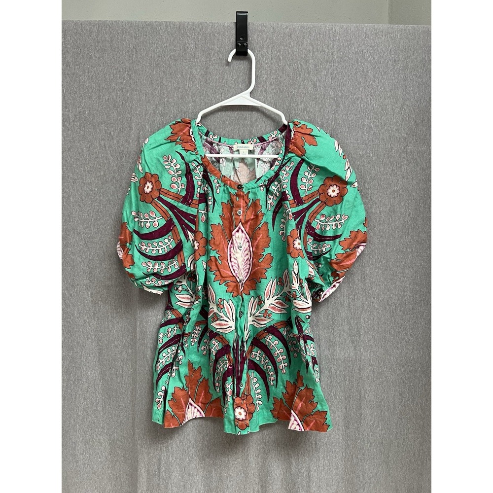 Sundance 100% Linen Blouse Women's Large Green Floral Puff Sleeve Button Front